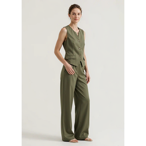 LEDUO Custom Women Sleeveless Buttoned <b>Vest</b> and High Waist Wide Leg Pants Soft Woven Casual Everyday Outfit - Product Image 2