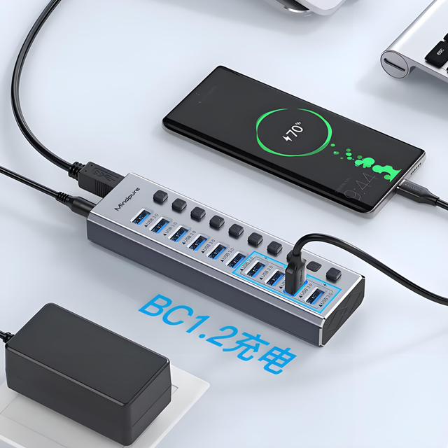 Mindpure Powered USB 3.0 Hub 10 Port Industrial Multiport Adapter with Individual Power Switches 12V Power Adapter for Laptop PC