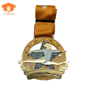 Medallas deportivas personalizadas, chapado en oro, esmalte suave, medalla de aleación de Zinc con purpurina, lijado trasero, lateral