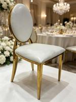 Chaise de banquet ovale dorée avec dossier, en similicuir blanc, en acier inoxydable poli, pour mariage, hôtel, restaurant, salle à manger