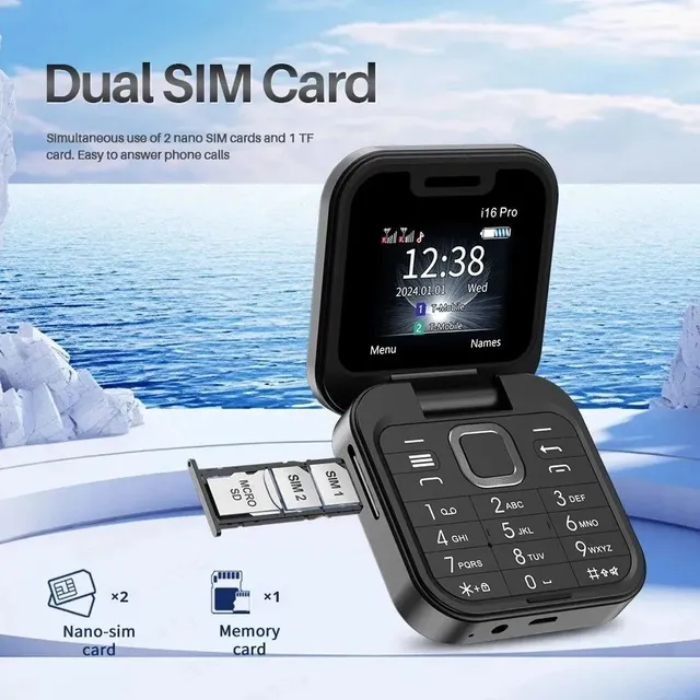 Global 2G Slim Flip Phone I16 Pro Dual SIM Dual Standby 1.77" HD LCD Screen 100-1499mAh Battery English Elderly Use