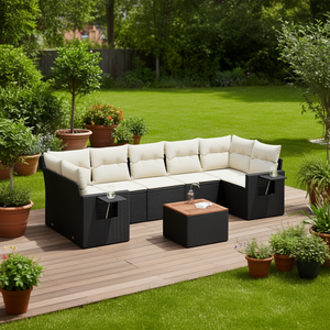 Cream White And Black Garden Sofa <b>Set</b> 6 Seater Outdoor Rattan Furniture Contemporary Design With <b>Side</b> <b>Tables</b> - Product Image 3