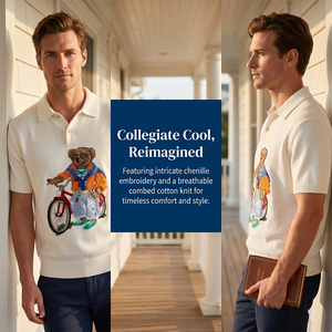 Suéter Polo Jacquard con Diseño de Oso, Estilo Preppy Vintage para Hombre, Tejido de Punto 12GG, Patrón Animal Retro, Mezcla de Lana, Top Corto de Verano - Product Image 3