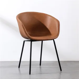 Factory Home Furniture Big Capacity Heavy Duty Modern Luxury Brown Leather Tub Dining Chair With Metal Legs