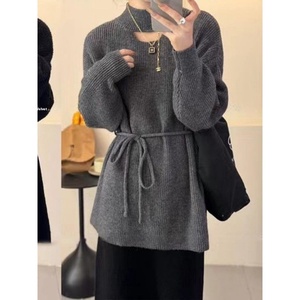 Suéter suelto de punto LARGO DE Color sólido de estilo coreano con diseño Cauchy de Otoño e Invierno para mujer - Product Image 4