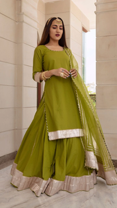 Super Quality Falguni <b>Green</b> <b>Long</b> Kurta <b>Skirt</b> Set with Potli Bag and Multi Size Available Plain Pattern Kurta <b>Skirt</b> Set - Product Image 5