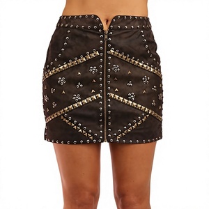 Cuir véritable à taille normale, clouté, écologique, antibactérien, pour femme, style crayon, avec rivets, uni, formel, toutes saisons - Product Image 1