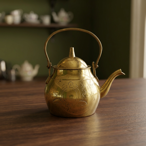 Vintage Brass Tea Kettle With <b>Lid</b> Metal Handle Decorative Engraved Design Water <b>Pot</b> Kettles - Product Image 2