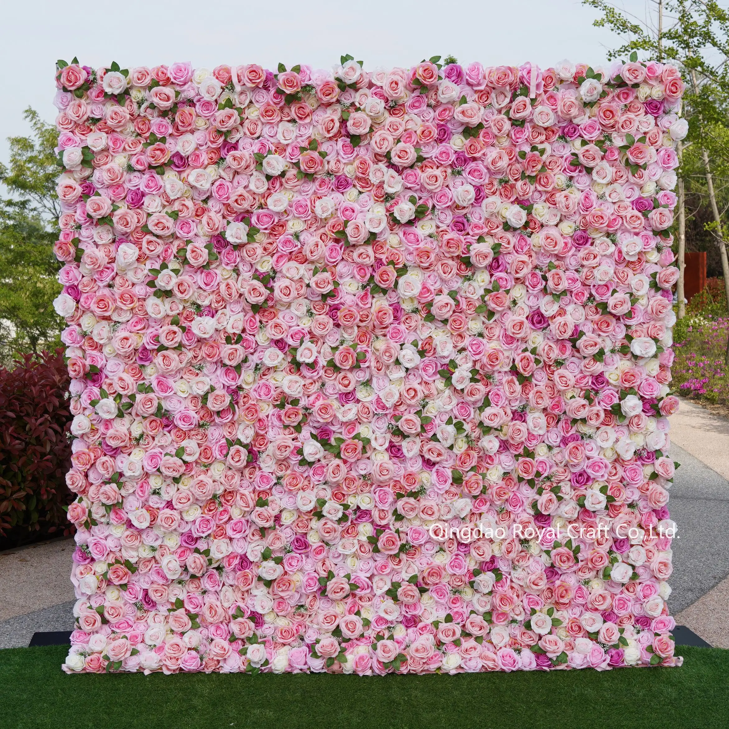 Groothandel Kunstmatige Roze Bloem Muur Achtergrond 8ft X 8ft Roll Up Rose Muur Bloemen Wandpaneel Voor Bruiloft Decoratie