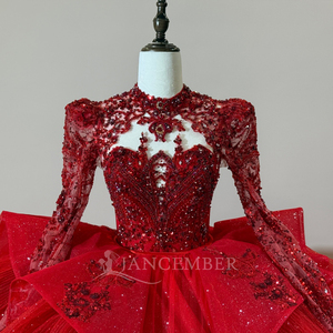 Xs310 Stunning <b>Red</b> Modern Quinceanera Ball Gown Sweetheart Lace Beaded Long Sleeve <b>Glitter</b> Tulle Chapel Train Formal Party - Product Image 3