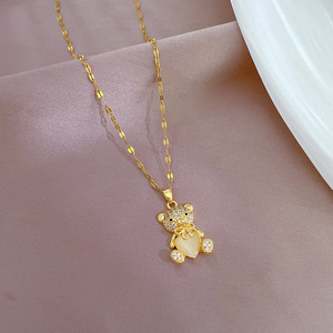 <span class=keywords><strong>Collier</strong></span> en acier inoxydable plaqué or 24 carats, style vintage, avec zircon complet, œil de chat, ours en peluche, élégant et luxueux - Product Image 3