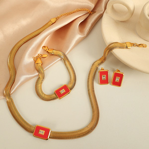 Women's Stainless Steel Snake Chain Jewelry <b>Set</b> Red Geometric Earrings Necklace <b>Bracelet</b> Party Fashion - Product Image 1