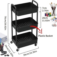 Chariot utilitaire roulant en plastique à 3 niveaux avec poignée, chariot de rangement multifonctionnel, organisateur de rangement mobile avec roues, noir
