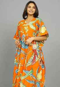 Orange Floral Print Hand Block Printed Boho <b>Kaftan</b> Maxi Dress V-Neck Sleeveless Loose Fit <b>Summer</b> Casual Breathable Woven Cotton - Product Image 3