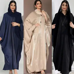 Expédition rapide modeste mode musulmane brillant soie satin manches chauve-souris robe islamique grande taille femmes abaya