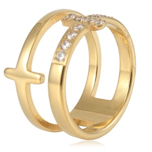 yunnique Double Layered Cross <b>Ring</b> Steel Gold Channel Setting Women's Fashion Jewelry Index <b>Finger</b> <b>Ring</b> - Product Image 1