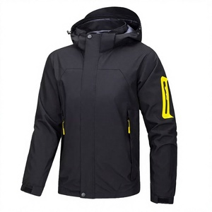 Men's Waterproof Winter Jacket Hooded Solid Black With Yellow Logo On Sleeve Sporty Style Zipper Closure - Product Image 1