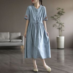 Washed Jacquard Cotton Mid Length <b>Dress</b> With Embroidery V Neck A Line <b>Elastic</b> Waist For Women Daily Wear Short Sleeve Orange - Product Image 3