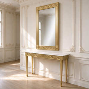Meuble de hall d'entrée de villa européenne sur mesure, table console rectangulaire en marbre, ensemble <span class=keywords><strong>miroir</strong></span> mural or champagne, table de toilette d'appoint pour hall - Product Image 1