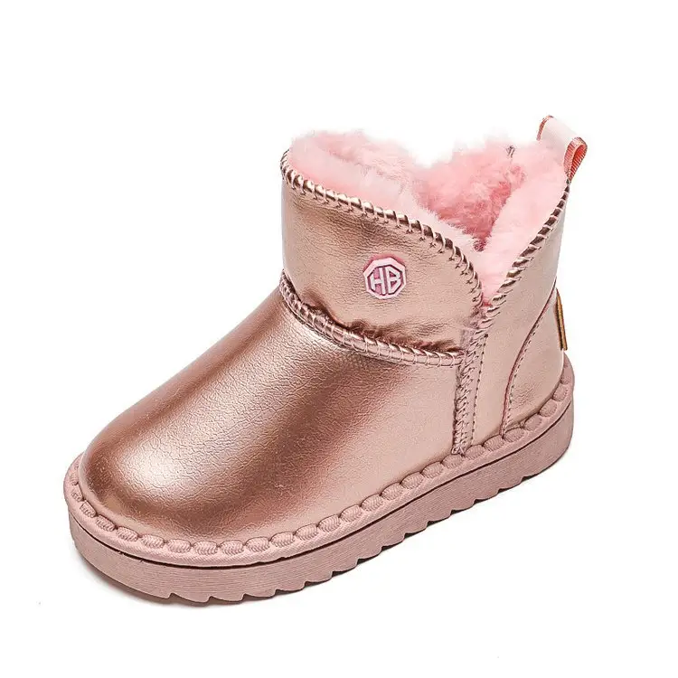 2022 Winter Girls Snow Boots Patent Leather Shiny Waterproof Boys Ankle Boots Plus Velvet Thick Warm Kids Cotton Shoes