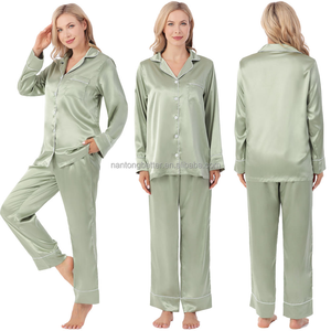 Conjunto de Pijama de Seda de Alta Calidad para Mujer, Manga Larga, Cintura Elástica, Color Rojo Satinado, 2 Piezas, Suave, para Fiesta Nupcial o Navidad - Product Image 4
