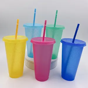Atacado a granel crianças plástico mudança cor 710ml glitter claro copos com tampa e palha simples ouro leite garrafas de água copos