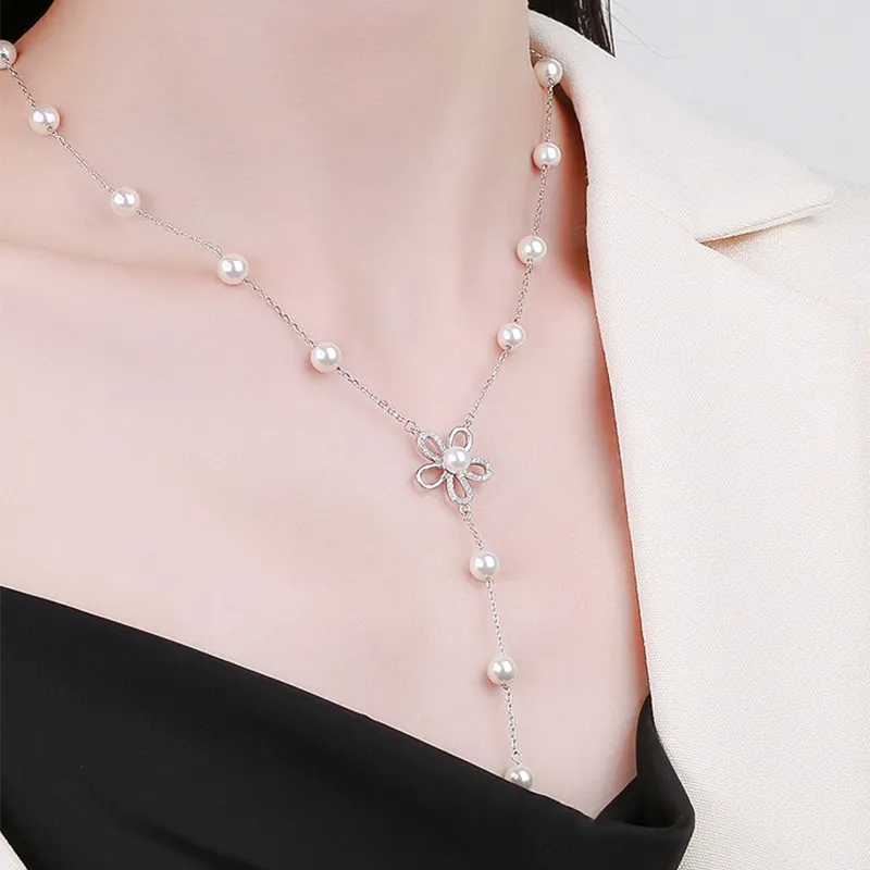 Luxury Delicate Y Shaped Pearl Fine Pendants Wholesale Rhodium Plated 925 Sterling Silver Necklace Jewelry For Women