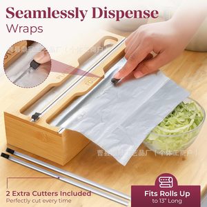 Bamboo Plastic Wrap Dispenser With Foil Cutter <b>Kitchen</b> Organizer Multi Compartment Storage Box For Fridge Use - Product Image 4