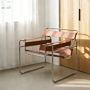 Ghế bành thiết kế giữa thế kỷ, khung thép không gỉ, ghế bành da trắng, ghế nghỉ ngơi, ghế trang trí bằng da bò - Product Image 1
