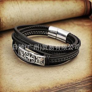 สร้อยข้อมือหนังถักทำมือสำหรับผู้ชาย พร้อมจี้เข็มทิศสแตนเลส ตัวล็อคแม่เหล็ก ของขวัญเครื่องประดับ ขนาด 19 ซม. 21 ซม. 23 ซม. - Product Image 4