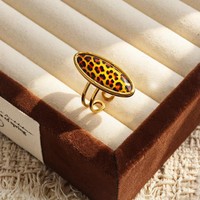 Bague ouverte ovale géométrique vintage en acier inoxydable doré à imprimé léopard style bohème pour femme - Vente en gros