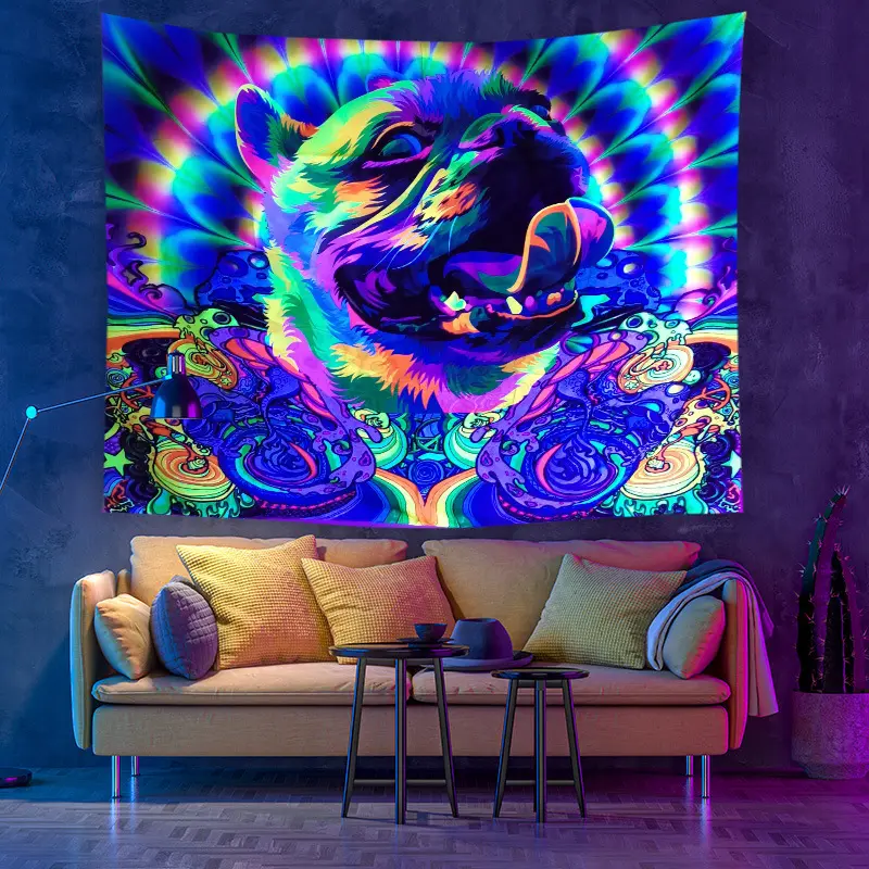 Custom Print Trippy Glow In The Dark Astronaut and Mushroom Forest Planet Blacklight Reactive UV Tapestry