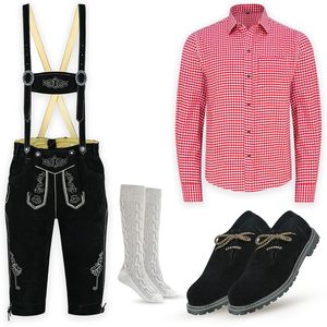 Ensemble de Lederhosen bavarois personnalisé pour homme, costume 4 pièces pour l'Oktoberfest, chemise en velours à carreaux noirs, bretelles, bottes, chaussettes - Product Image 2