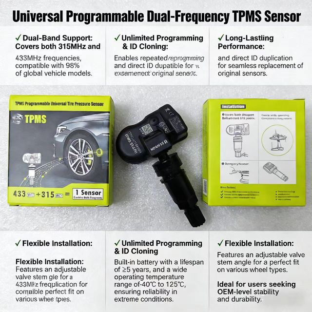 Universal Programmable TPMS Sensor Dual Frequency 315MHz 433MHz Built in Tire Pressure Monitoring System for Vehicles