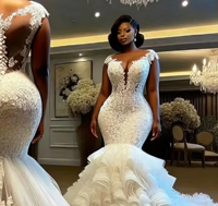 Robes de mariée sirène africaines LY-WD1399, robes de mariée sexy, robe de mariée en dentelle pour femmes, col en V sexy, manches courtes, grande taille