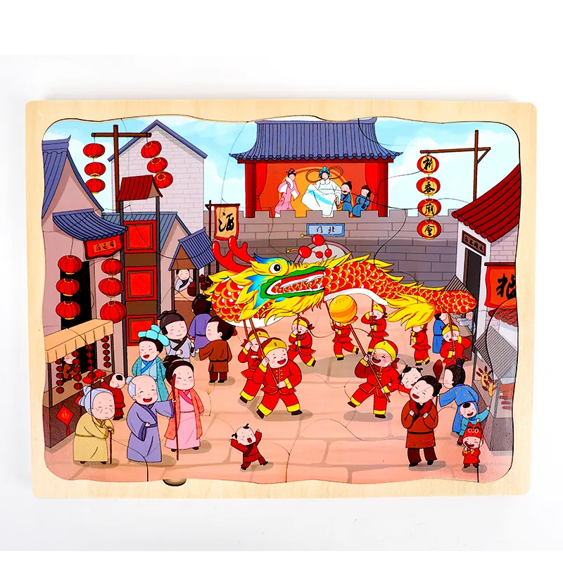 High quality Chinese New year Kids 3 layer Puzzles Wooden Jigsaw Puzzles Learning Toys