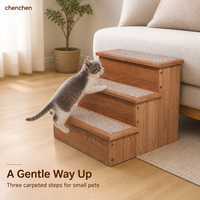 Escalier pour animaux de compagnie en bois, 3 marches, marches recouvertes de tapis, corps en bois teinté, pour petits animaux, chiens, chats, lit, canapé