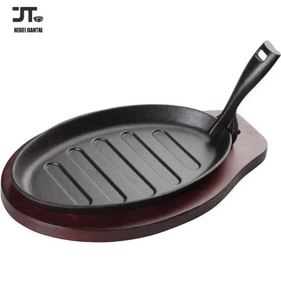 Sizzling Steak Plate with Wooden Tray Cast Iron Fajita Skillet Server Plate for Home or Restaurant Use, Induction Cookware Set