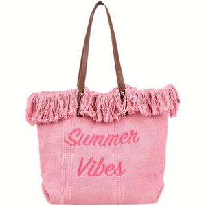 Bolsa de Lona de Gran Capacidad con Flecos y Bordado 'Summer Vibes' para Mujer, Uso Diario y de Playa - Product Image 1