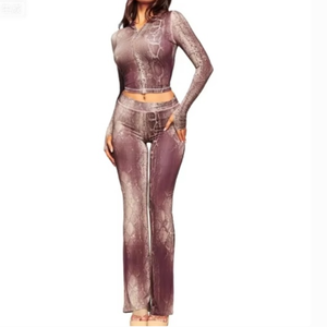 Conjunto Casual de Verano para Mujer, Estilo Europeo Americano, Tejido, Estampado, con Capucha, Manga Larga, Botones y Pantalones Acampanados - Product Image 5