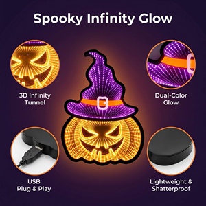 Vente en gros usine : Décoration festive d'Halloween personnalisée – Lumière LED 3D tunnel effet <span class=keywords><strong>miroir</strong></span> infini, citrouille Jack-O'-Lantern et chapeau de sorcière - Product Image 3