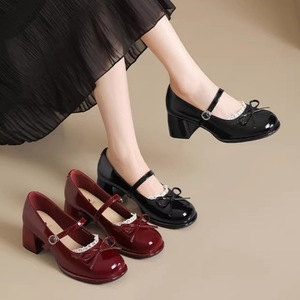 Escarpins élégants rouges style Mary Jane coréen à talon carré de 3 cm, chaussures de mariage élégantes, nouvelle collection printemps 2026 avec nœud - Product Image 2