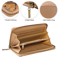 Dompet Koin Ultra Tipis Ramah Lingkungan dari PU Cork dengan Motif Kayu Retro, Kantong Cork Portabel, Dompet Panjang Wanita dengan Ritsleting, Fashion Polyester