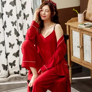 Piama Musim Semi Musim Gugur Wanita Katun Lengan Panjang Set Tali Set Mewah Homewear Jubah Mandi Femme Piyama Kimono Pengantin untuk Wanita