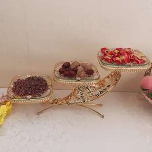 Dibei di lusso decorativo quadrato da Dessert vassoio da portata in metallo dorato vetro 3 piatti vassoio di frutta secca