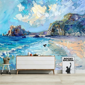 Mural de pared con impresión por transferencia térmica Impasto, estilo Art Déco, paisaje costero, playa, acantilado, <span class=keywords><strong>castillo</strong></span>, papel tapiz personalizado, tela de pared para sala de estar - Product Image 6