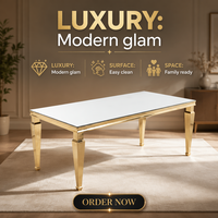 Mesa Rectangular de Cristal con Patas Doradas Cuadradas y Cónicas, Mesa de Comedor de Acero Inoxidable para Banquetes y Bodas