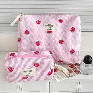 Custom Strawberry Stripes Pink Cosmetic <b>Bag</b> Print Large Capacity Portable Travel Storage Pouch Quilted Makeup Toiletry <b>Bag</b> - Product Image 3
