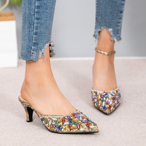 Elegantes Sandalias de Tacón con Punta Puntiaguda y Decoración de Pedrería, Tacón Medio, Sin Cordones, Zapatos de Mujer, Colores Mezclados - Product Image 3