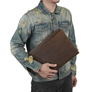 A4 Leather Folder Zipper <b>Bag</b> Genuine Leather Document Organizer <b>Tablet</b> Case Dark Brown 25x3x33 Business Use - Product Image 1